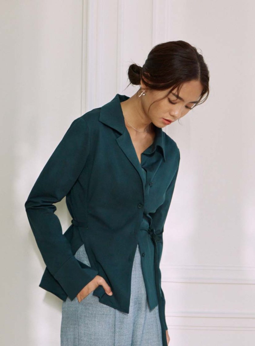 不對稱領彈力綁帶長袖襯衫